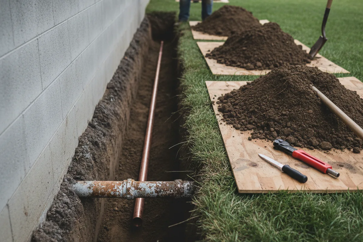 Excavated water line trench during Water Heater Repair in Ansonia